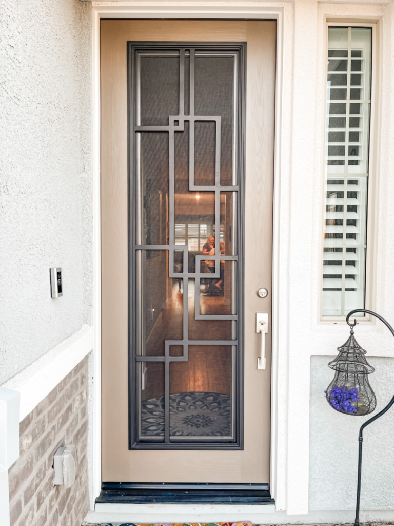 A front door with a metal screen and a rug.