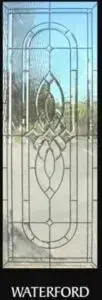 A glass door with the word waterford on it.